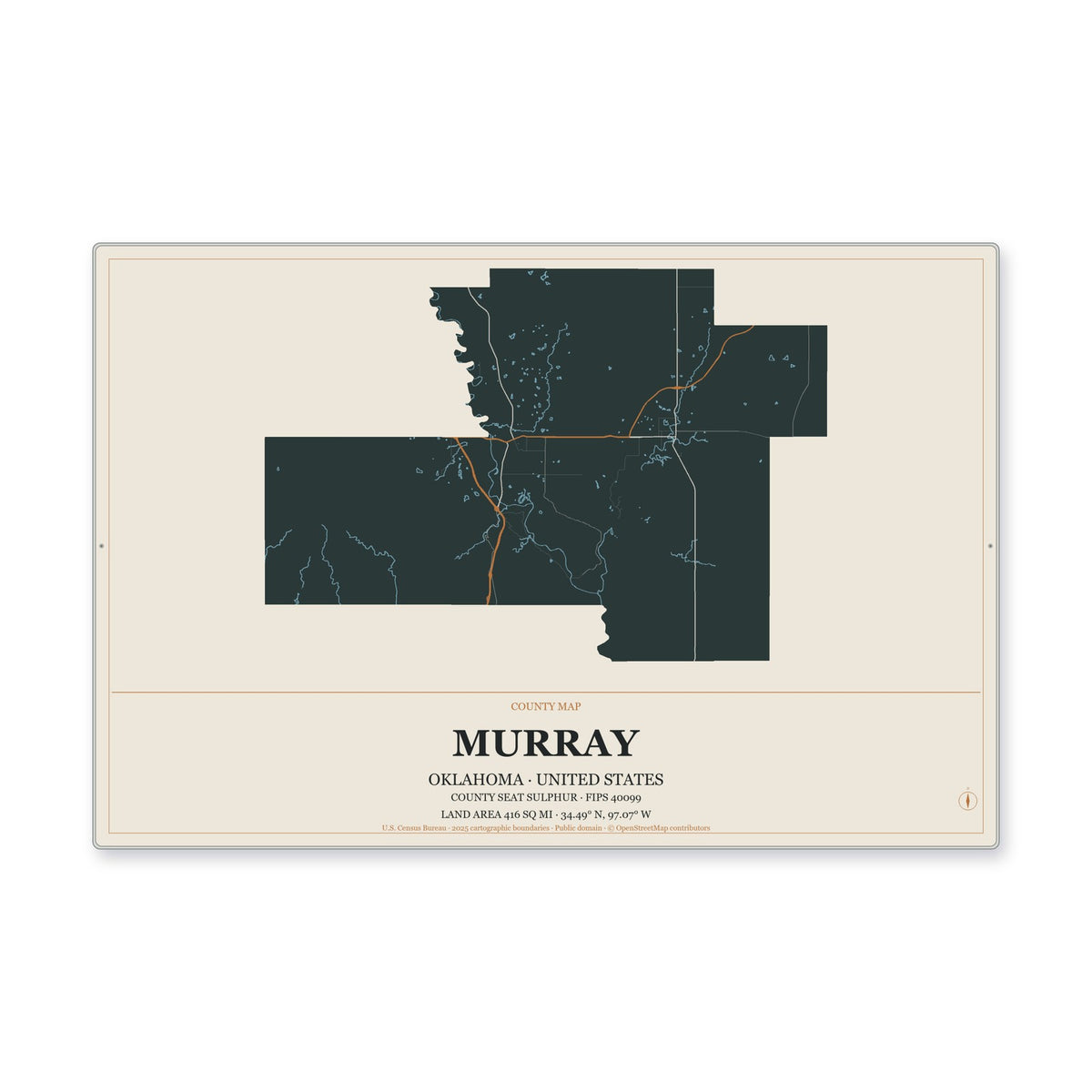 Murray County, Oklahoma Map Aluminum Sign in Headline Atlas style