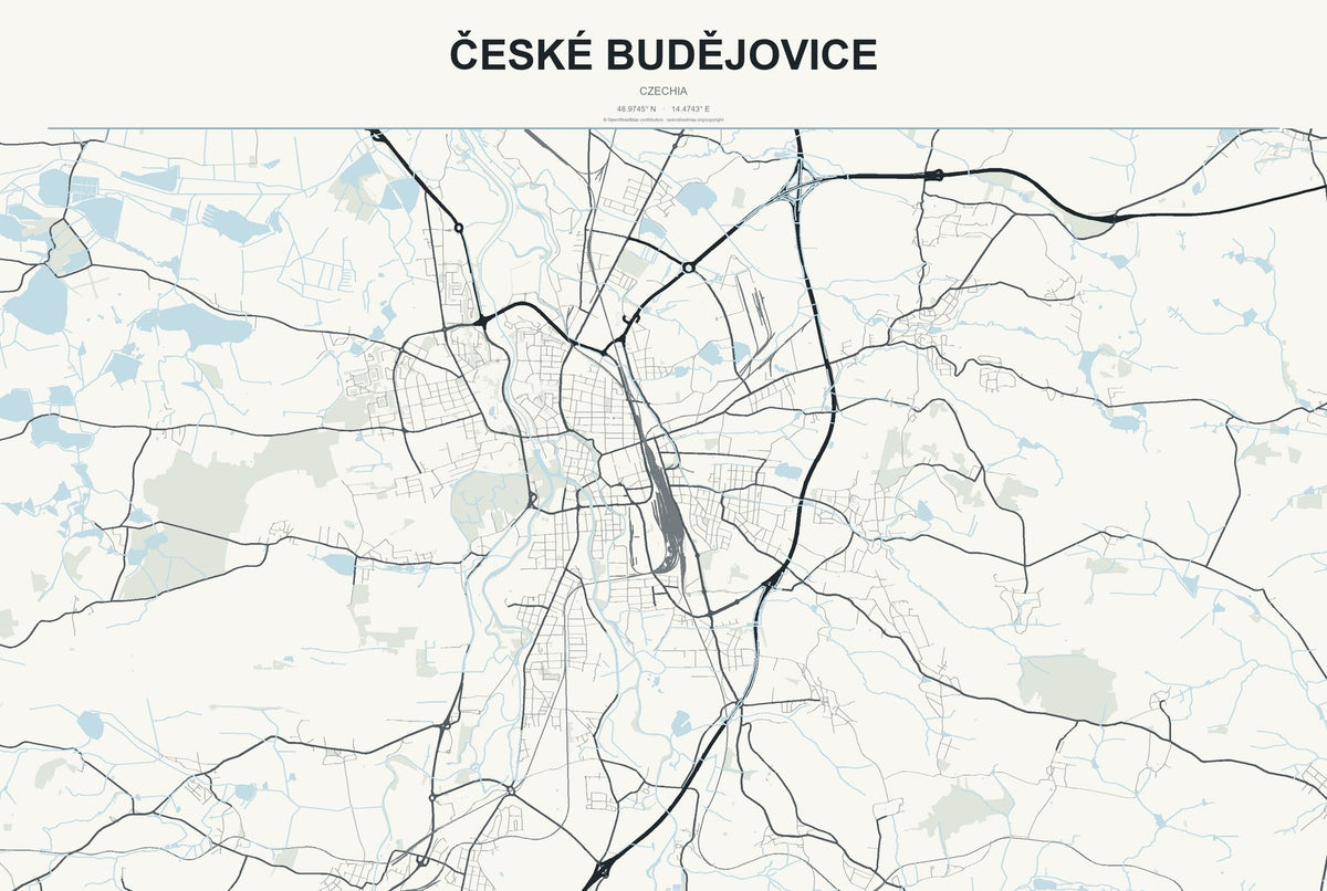 České Budějovice, Czechia City Map Aluminum Sign in Headline Atlas style