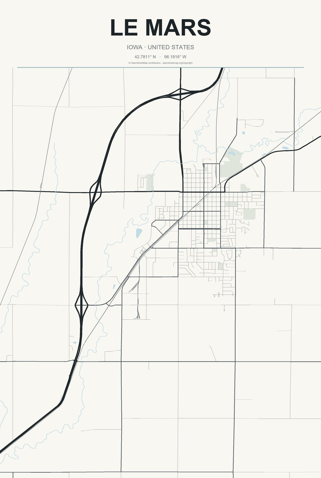 Le Mars, Iowa City Map Aluminum Sign in Headline Atlas style