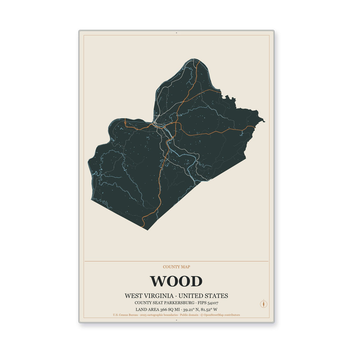 Wood County, West Virginia Map Aluminum Sign in Headline Atlas style