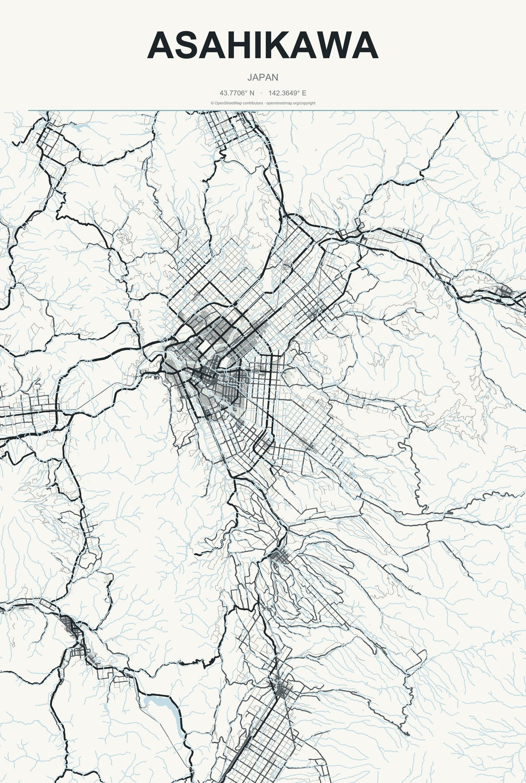 Asahikawa, Japan City Map Aluminum Sign in Headline Atlas style