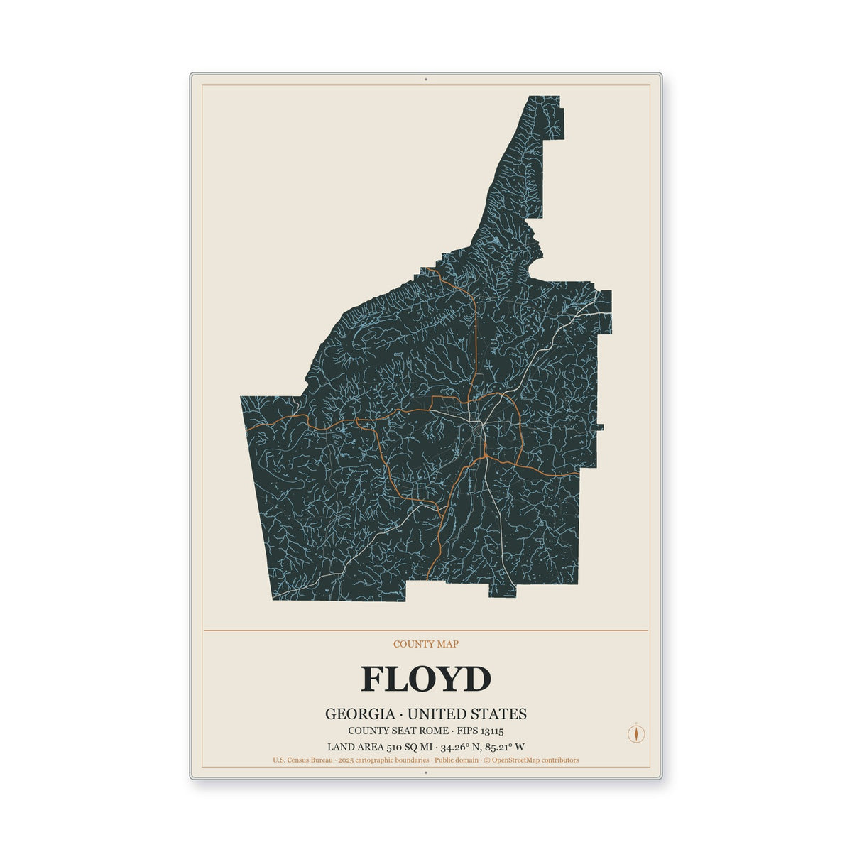 Floyd County, Georgia Map Aluminum Sign in Headline Atlas style