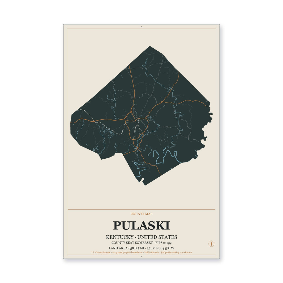Pulaski County, Kentucky Map Aluminum Sign in Headline Atlas style