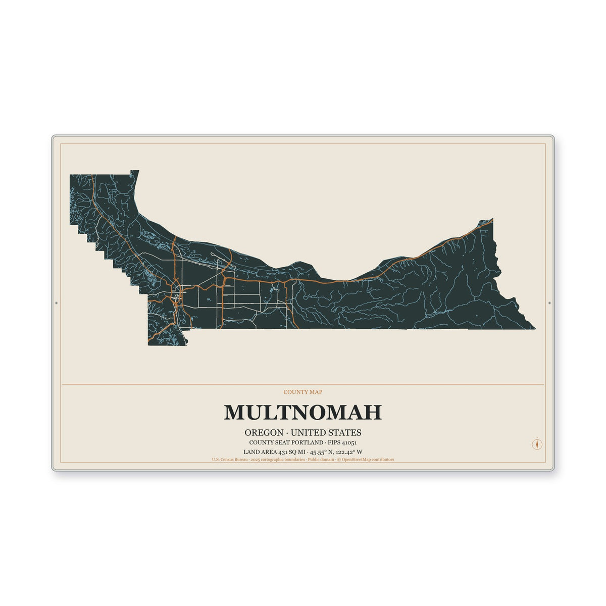 Multnomah County, Oregon Map Aluminum Sign in Headline Atlas style