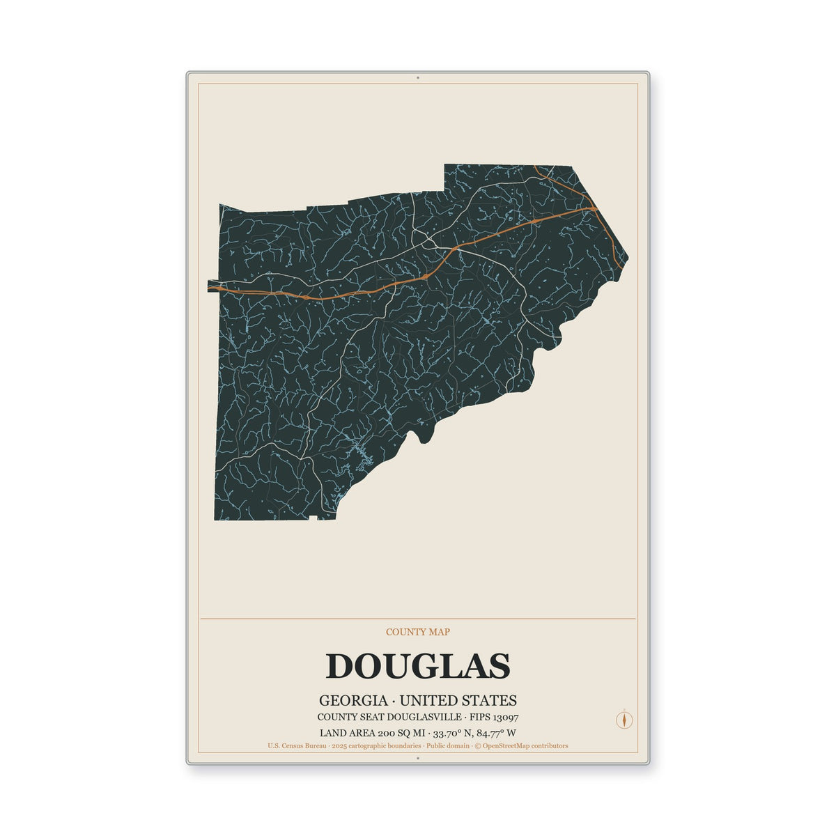 Douglas County, Georgia Map Aluminum Sign in Headline Atlas style