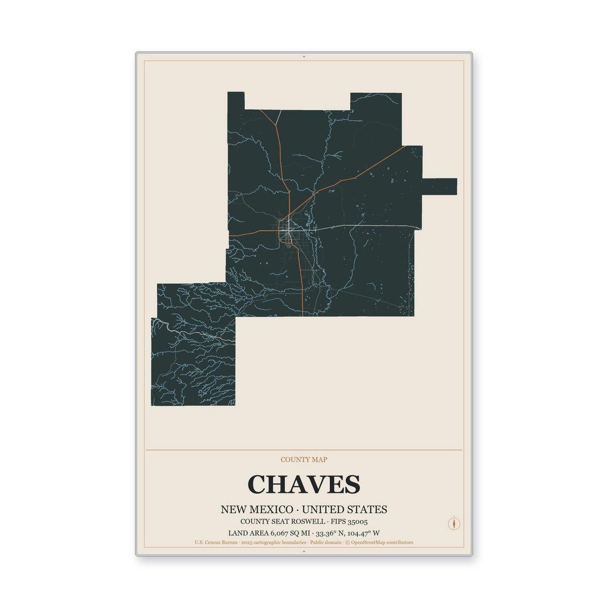 Chaves County, New Mexico Map Aluminum Sign in Headline Atlas style