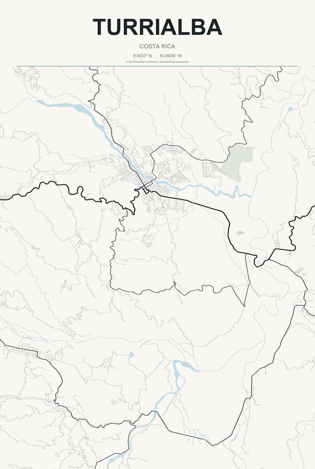 Turrialba, Costa Rica City Map Aluminum Sign in Headline Atlas style