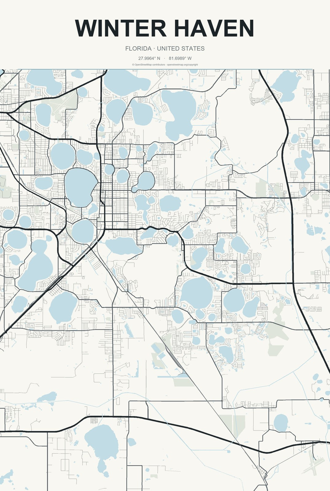 Winter Haven, Florida City Map Aluminum Sign in Headline Atlas style