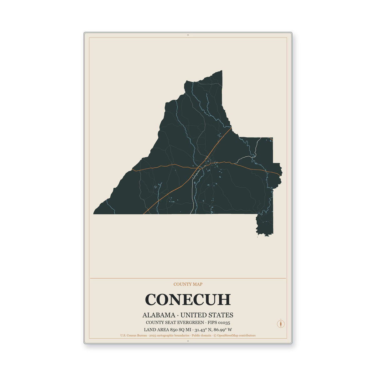 Conecuh County, Alabama Map Aluminum Sign in Headline Atlas style