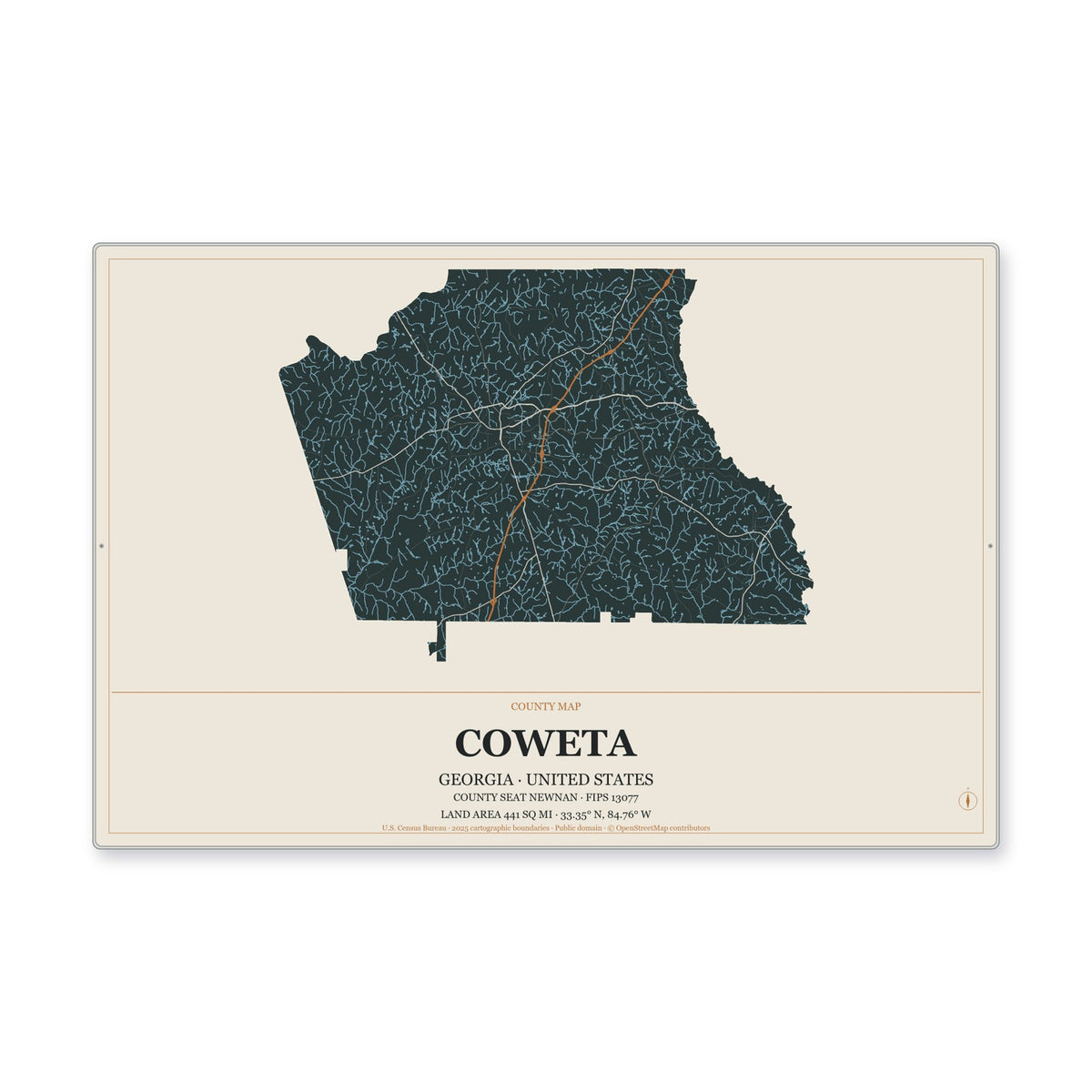 Coweta County, Georgia Map Aluminum Sign in Headline Atlas style