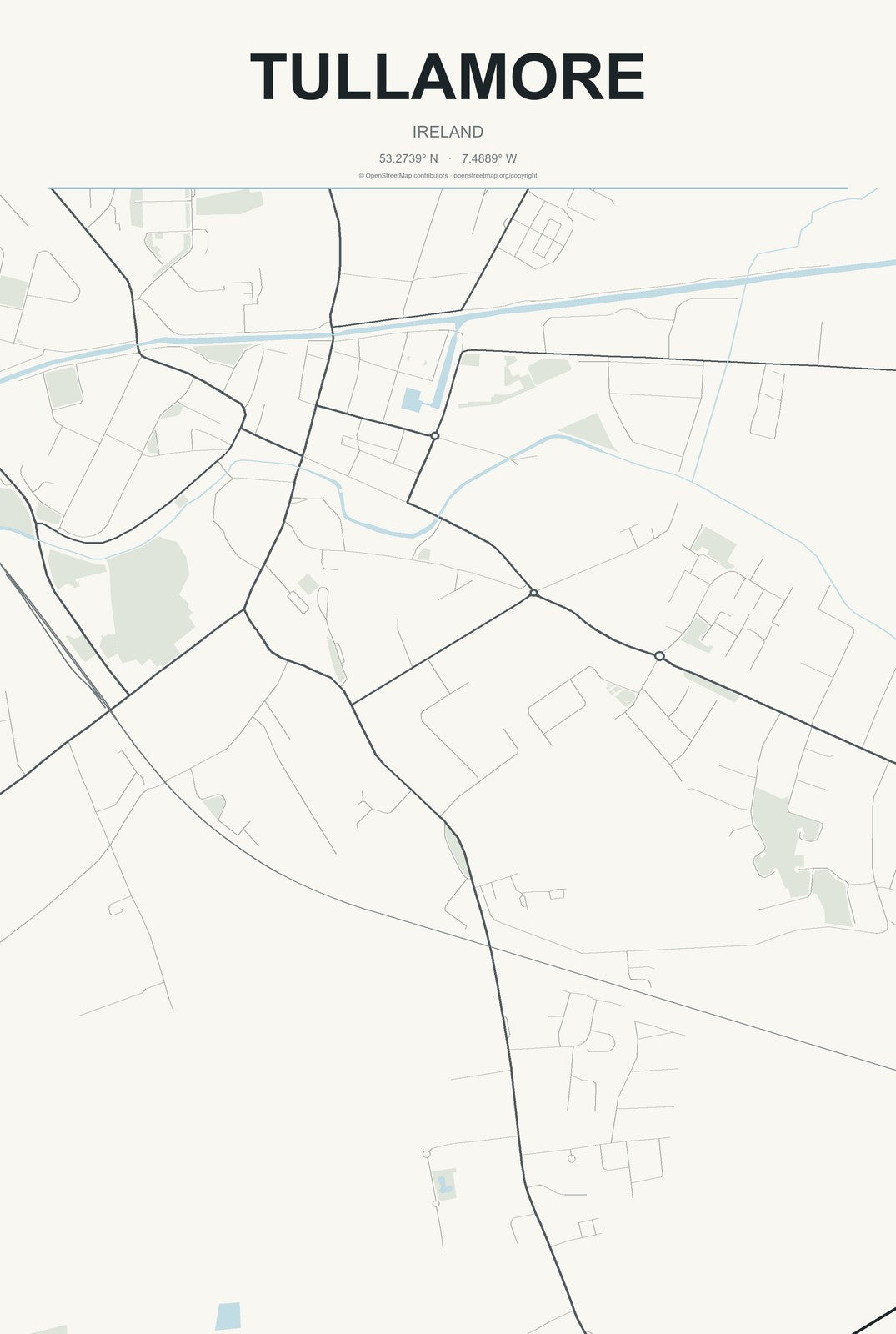 Tullamore, Ireland City Map Aluminum Sign in Headline Atlas style