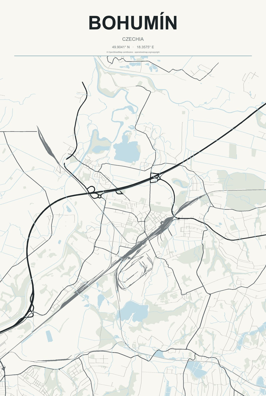 Bohumín, Czechia City Map Aluminum Sign in Headline Atlas style