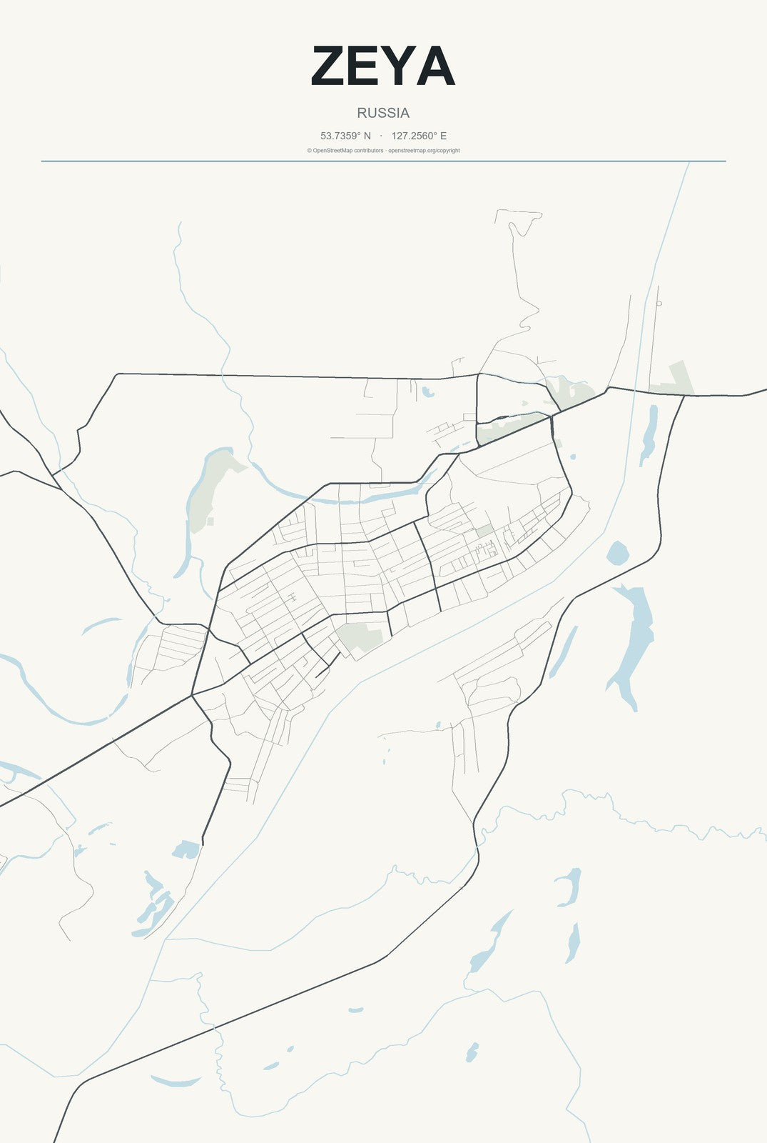 Zeya, Russia City Map Aluminum Sign in Headline Atlas style