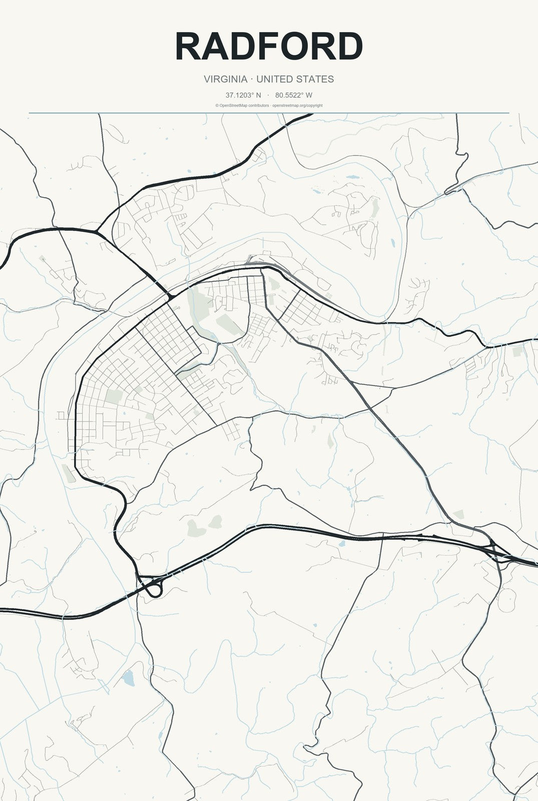 Radford, Virginia City Map Aluminum Sign in Headline Atlas style