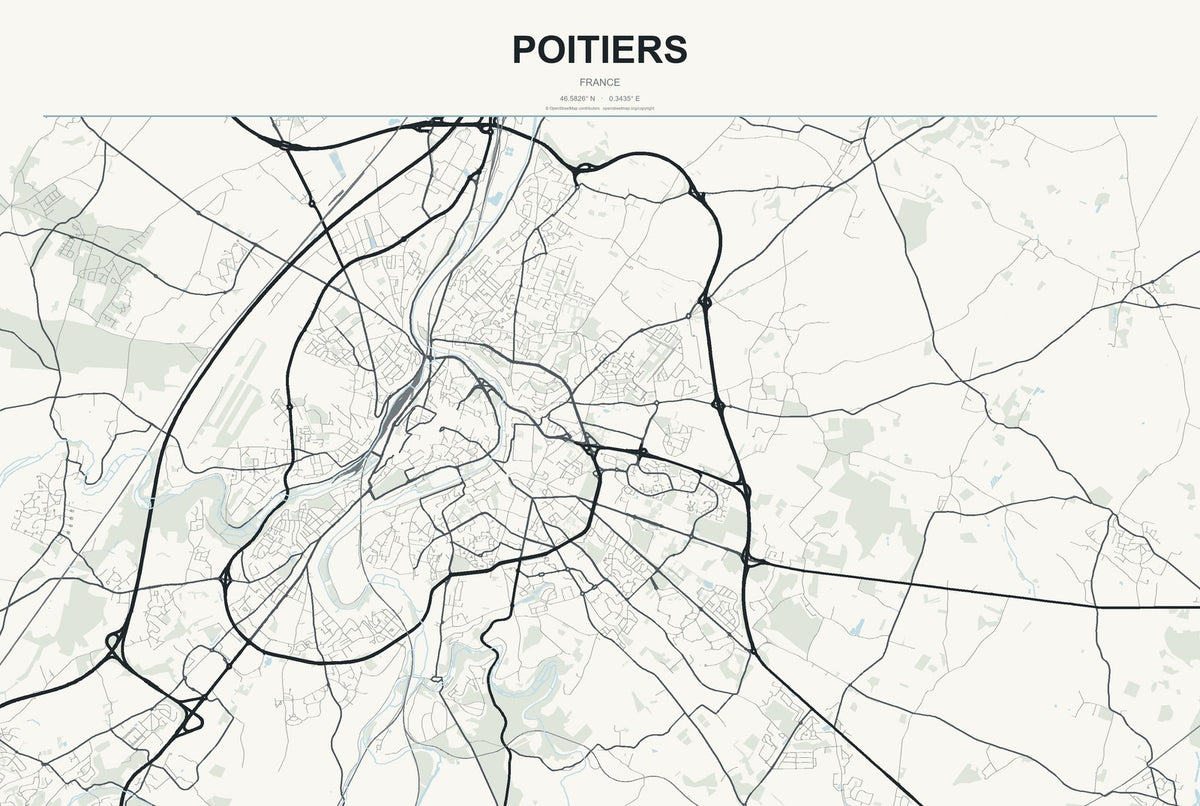 Poitiers, France City Map Aluminum Sign in Headline Atlas style