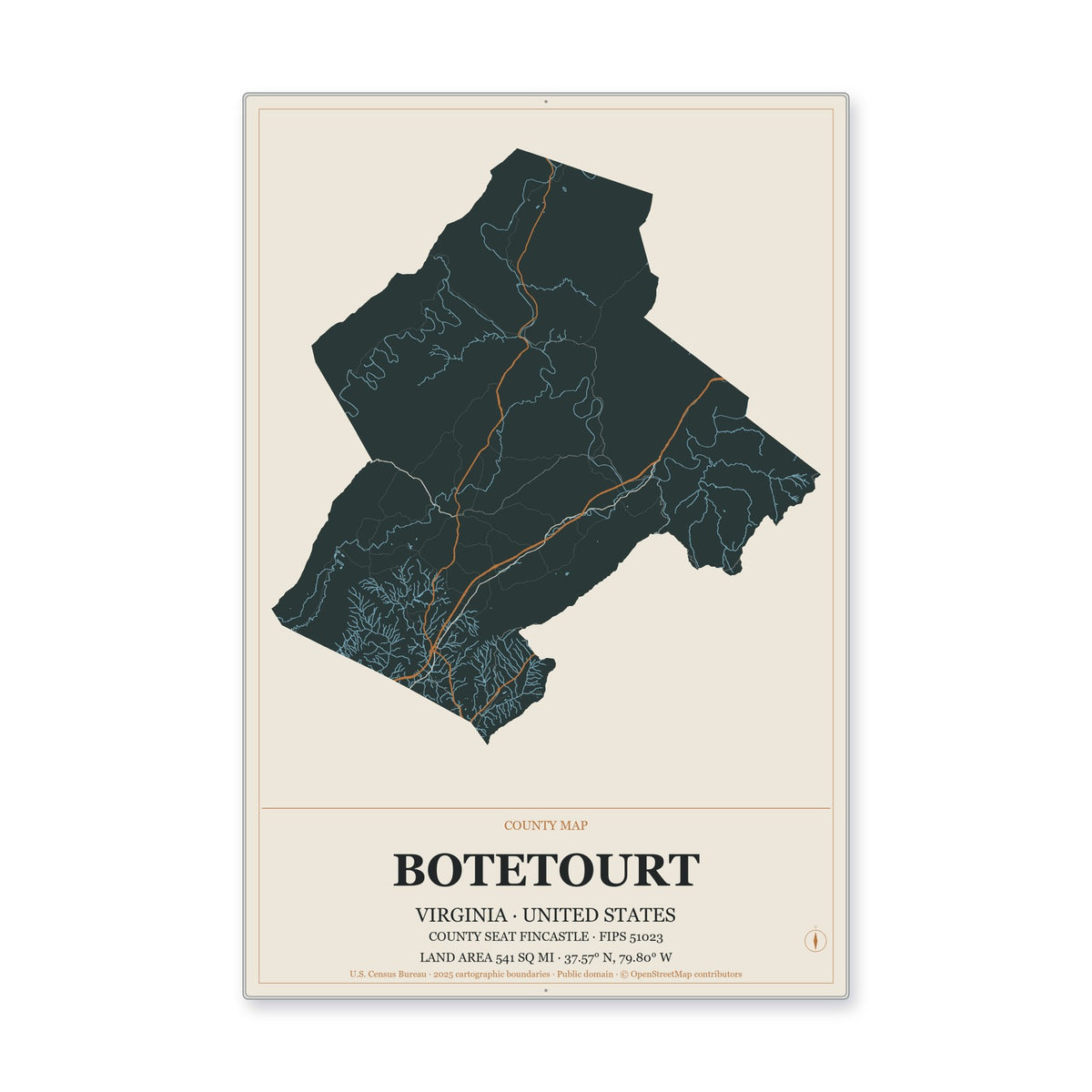Botetourt County, Virginia Map Aluminum Sign in Headline Atlas style