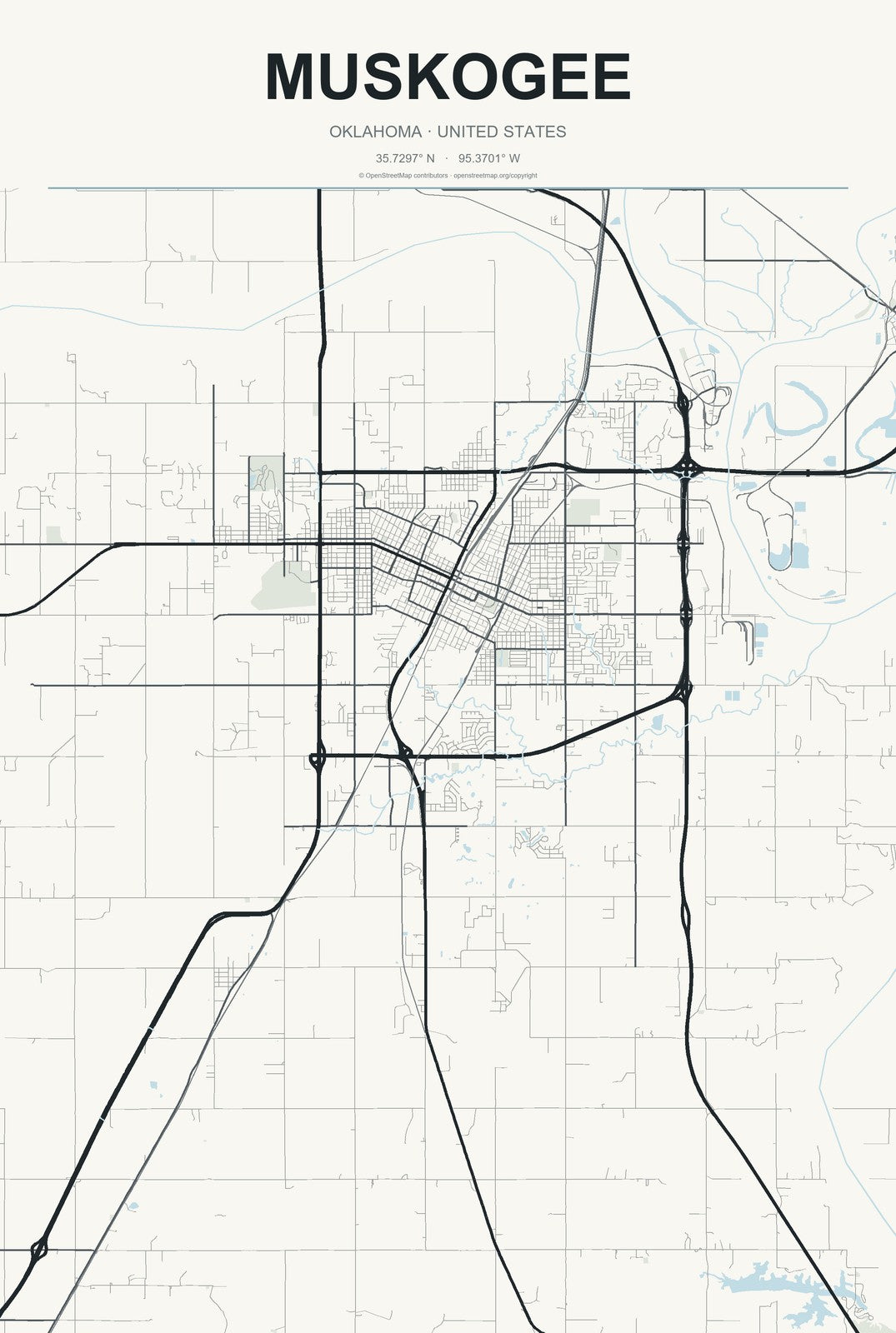 Muskogee, Oklahoma City Map Aluminum Sign in Headline Atlas style