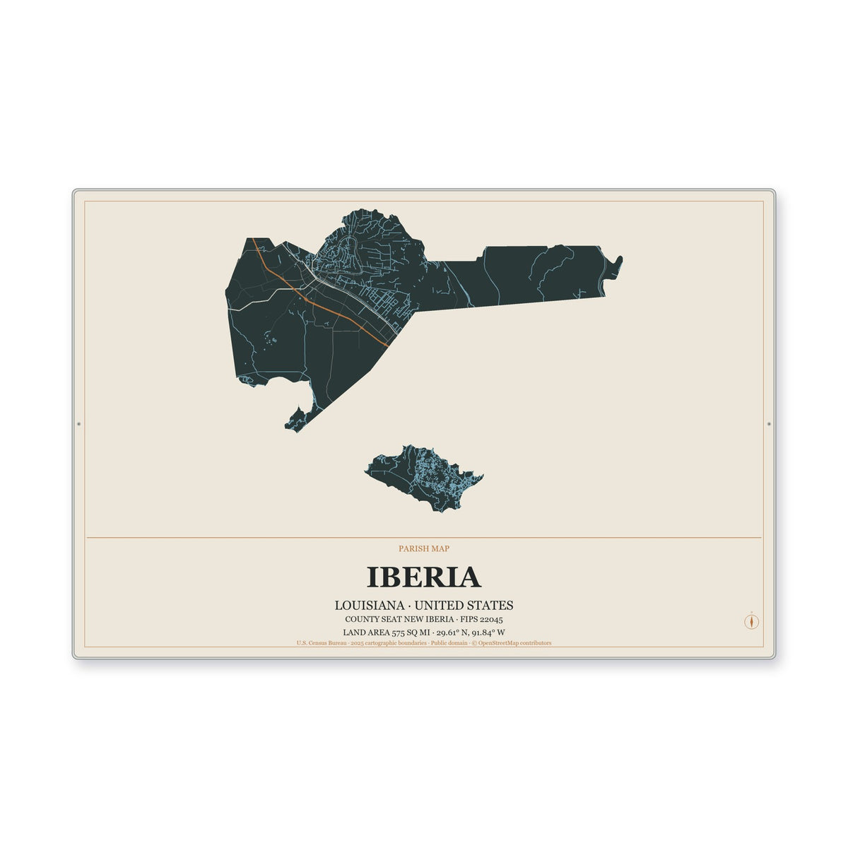 Iberia Parish, Louisiana Map Aluminum Sign in Headline Atlas style