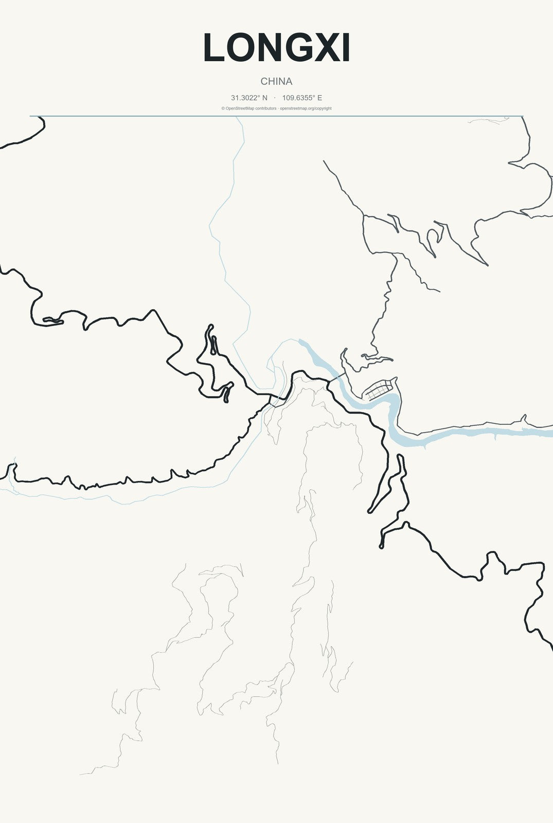 Longxi, China City Map Aluminum Sign in Headline Atlas style