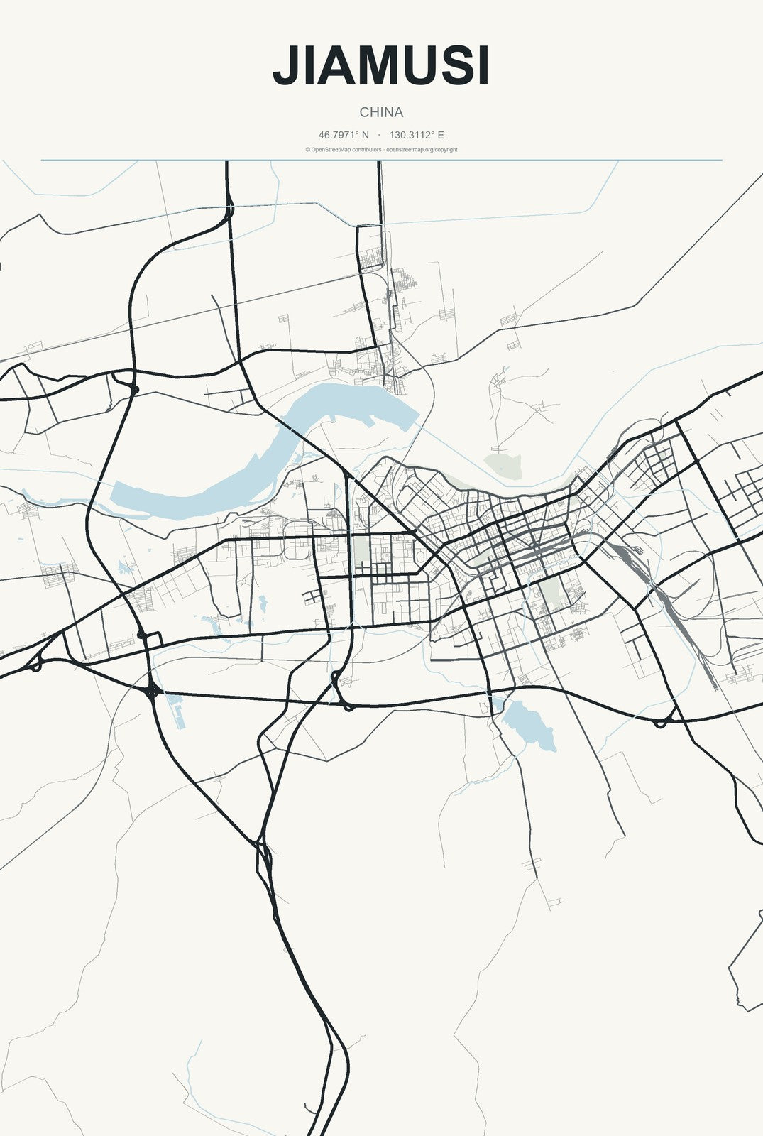 Jiamusi, China City Map Aluminum Sign in Headline Atlas style