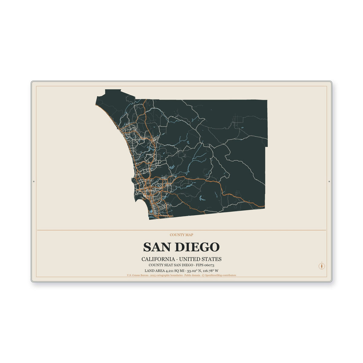 San Diego County, California Map Aluminum Sign in Headline Atlas style