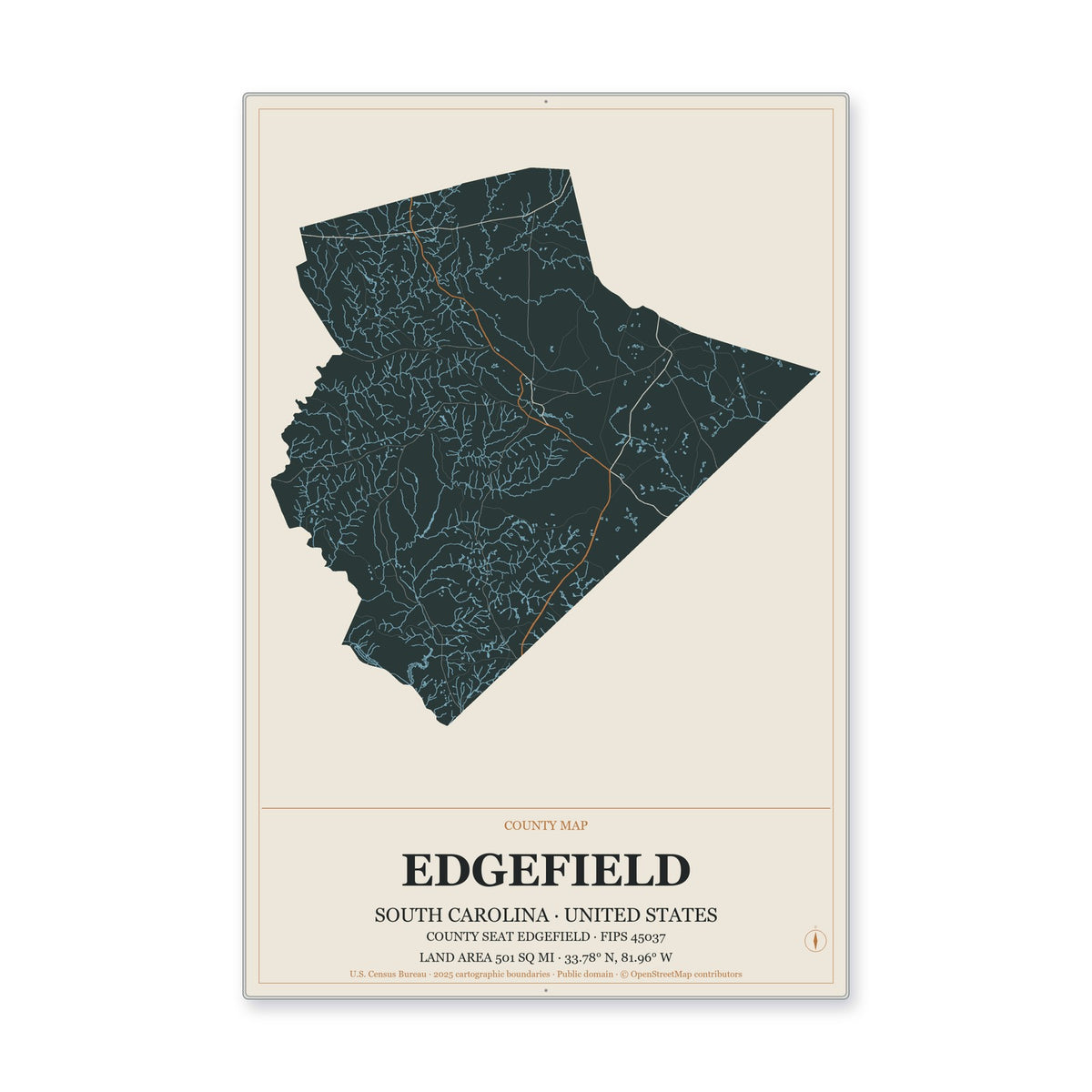 Edgefield County, South Carolina Map Aluminum Sign in Headline Atlas style