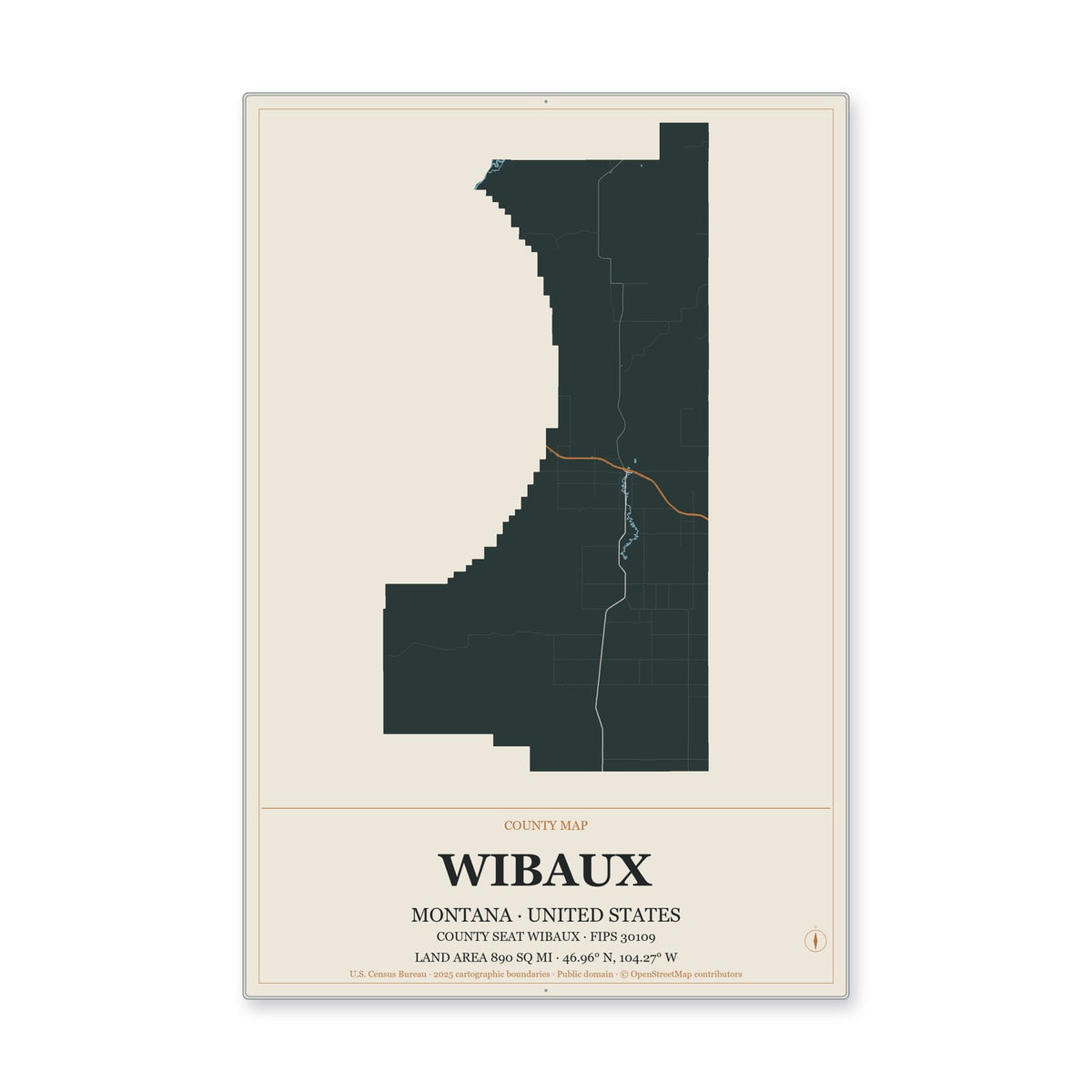Wibaux County, Montana Map Aluminum Sign in Headline Atlas style