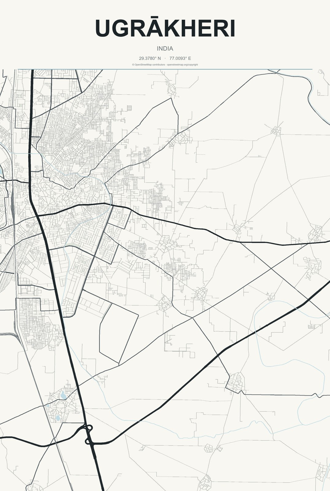 Ugrākheri, India City Map Aluminum Sign in Headline Atlas style