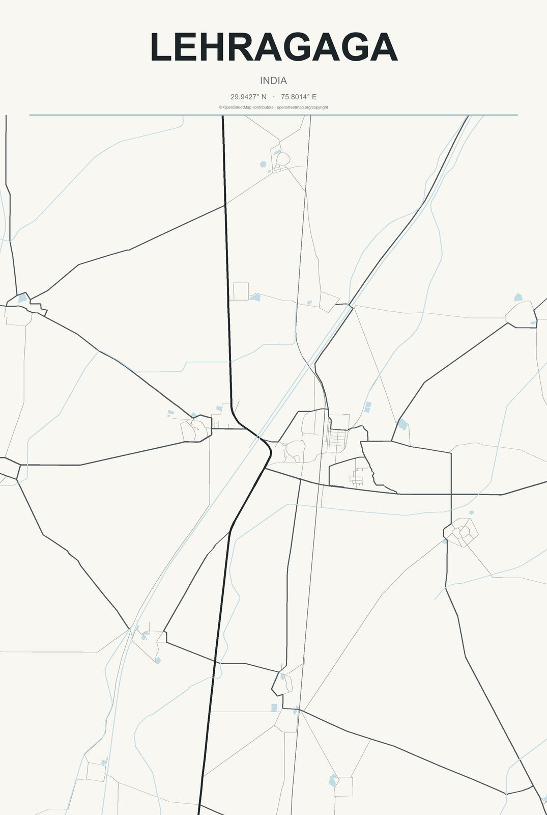 Lehragaga, India City Map Aluminum Sign in Headline Atlas style