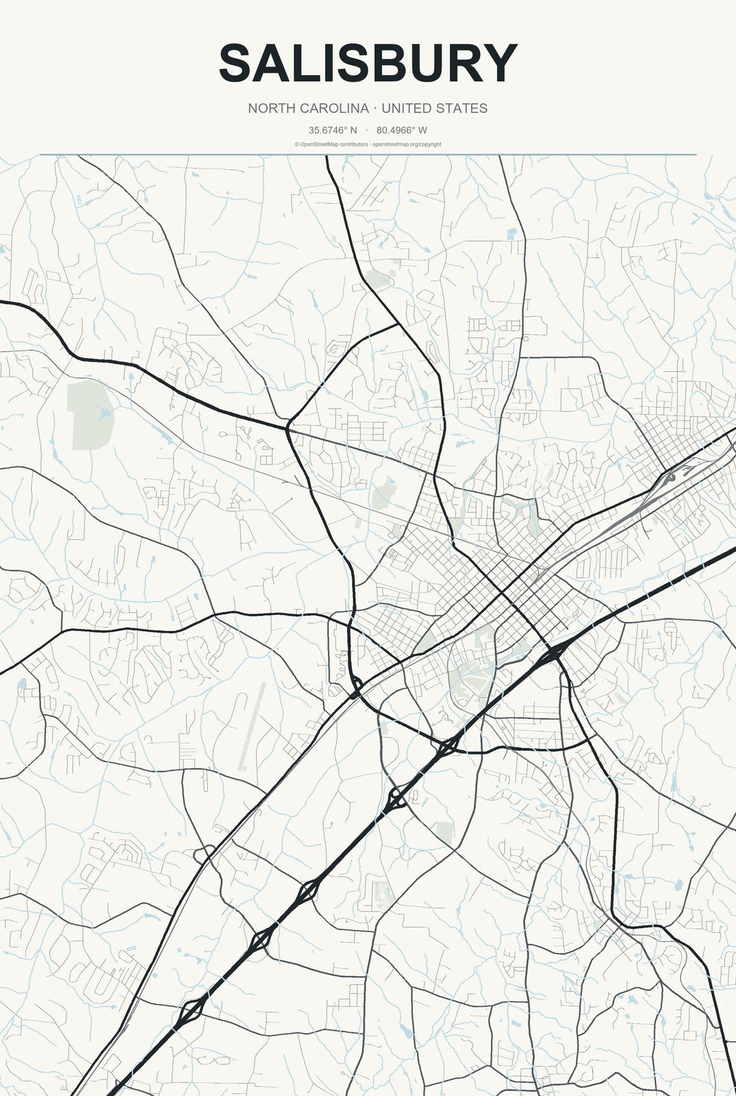 Salisbury, North Carolina City Map Aluminum Sign in Headline Atlas style