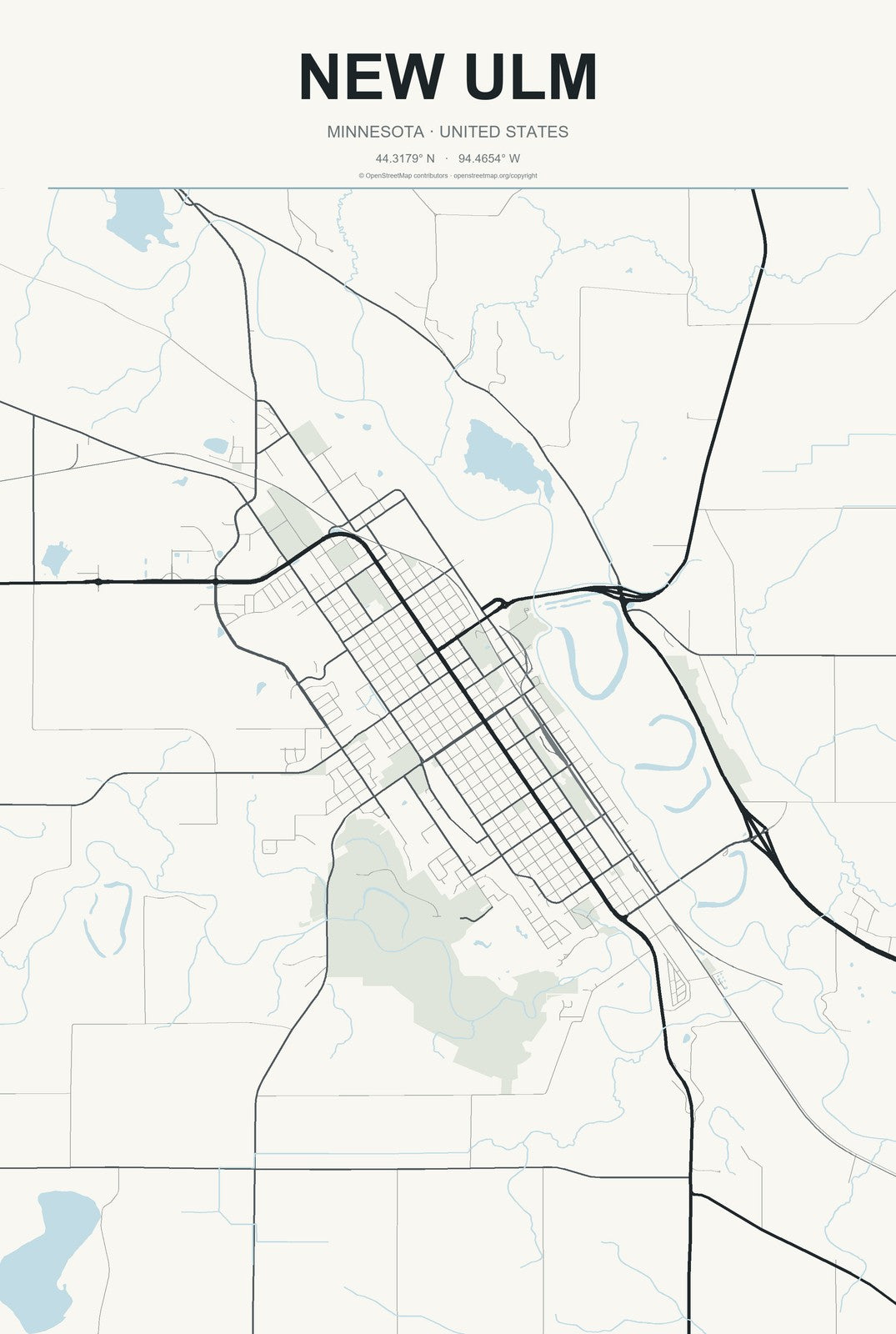 New Ulm, Minnesota City Map Aluminum Sign in Headline Atlas style