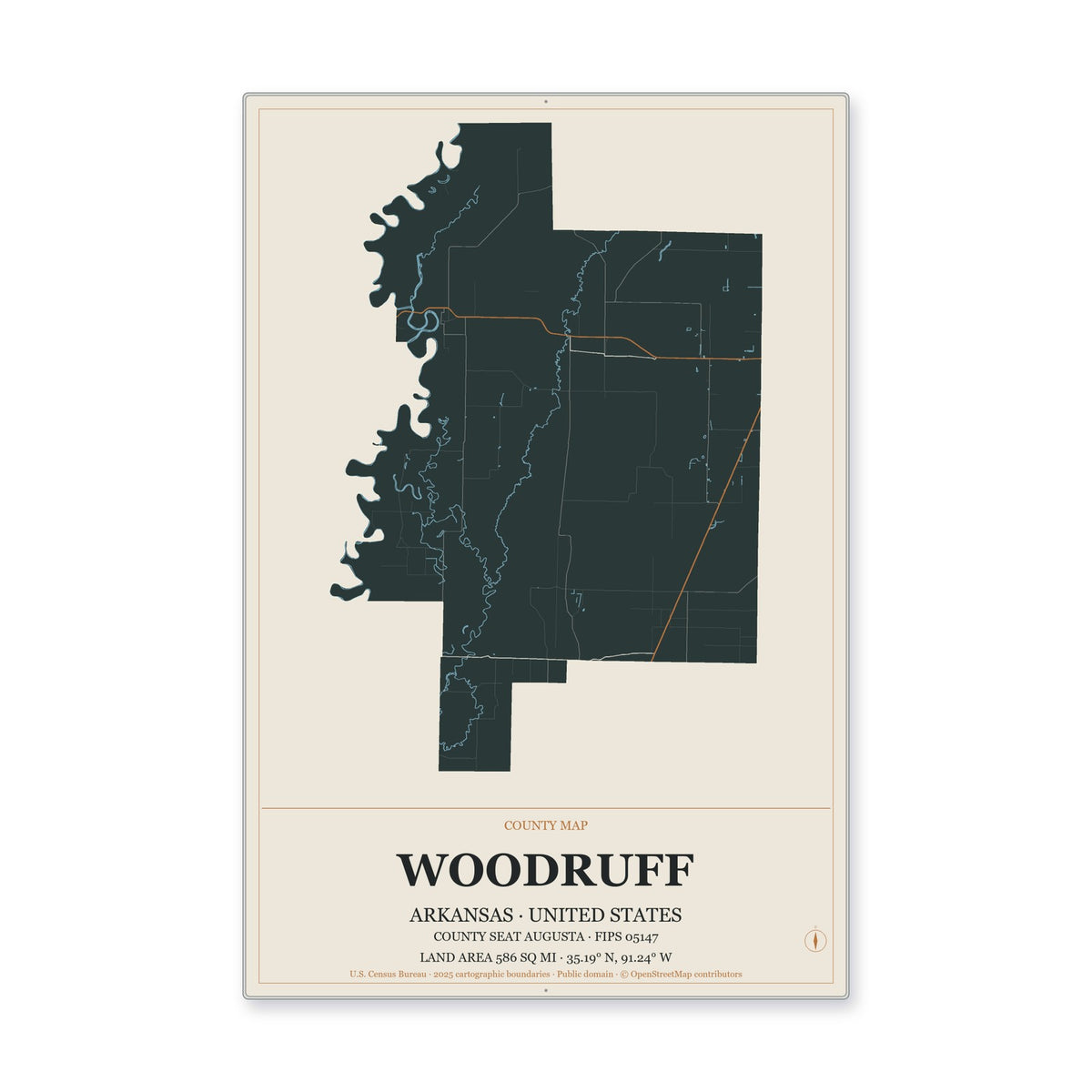 Woodruff County, Arkansas Map Aluminum Sign in Headline Atlas style
