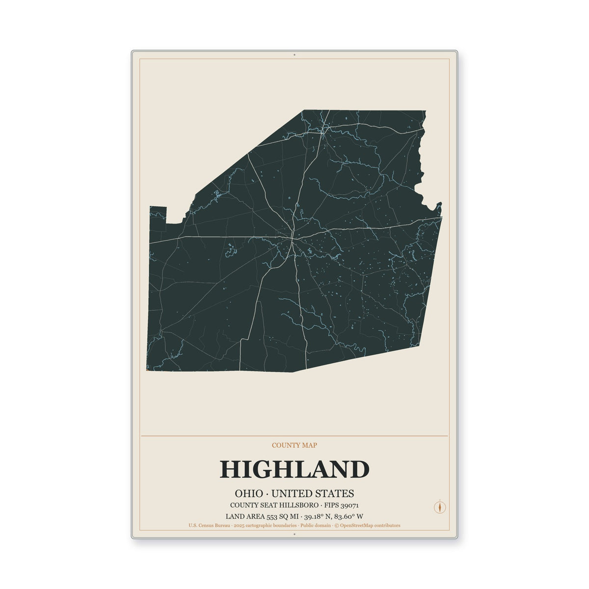 Highland County, Ohio Map Aluminum Sign in Headline Atlas style