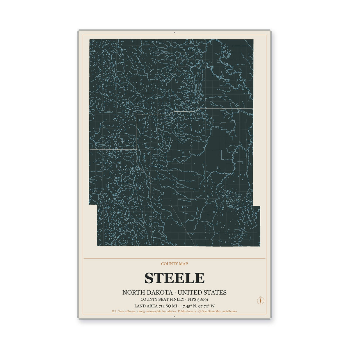 Steele County, North Dakota Map Aluminum Sign in Headline Atlas style
