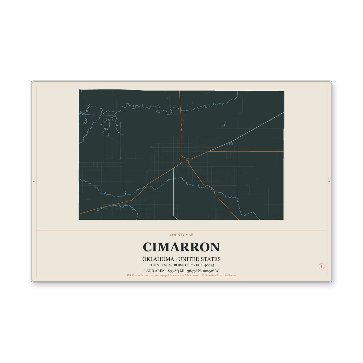 Cimarron County, Oklahoma Map Aluminum Sign in Headline Atlas style