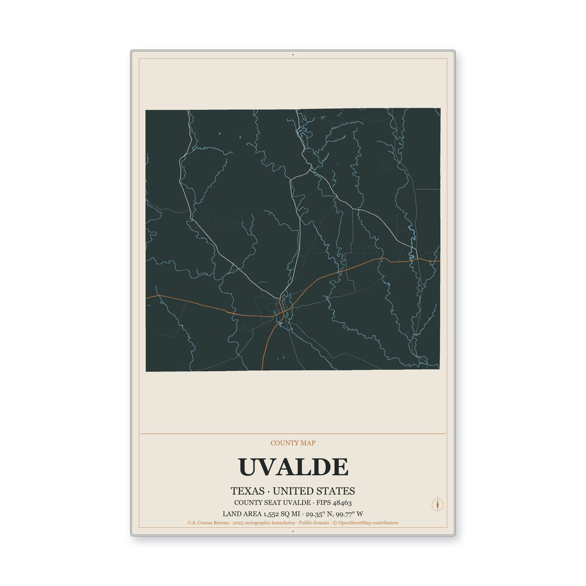 Uvalde County, Texas Map Aluminum Sign in Headline Atlas style