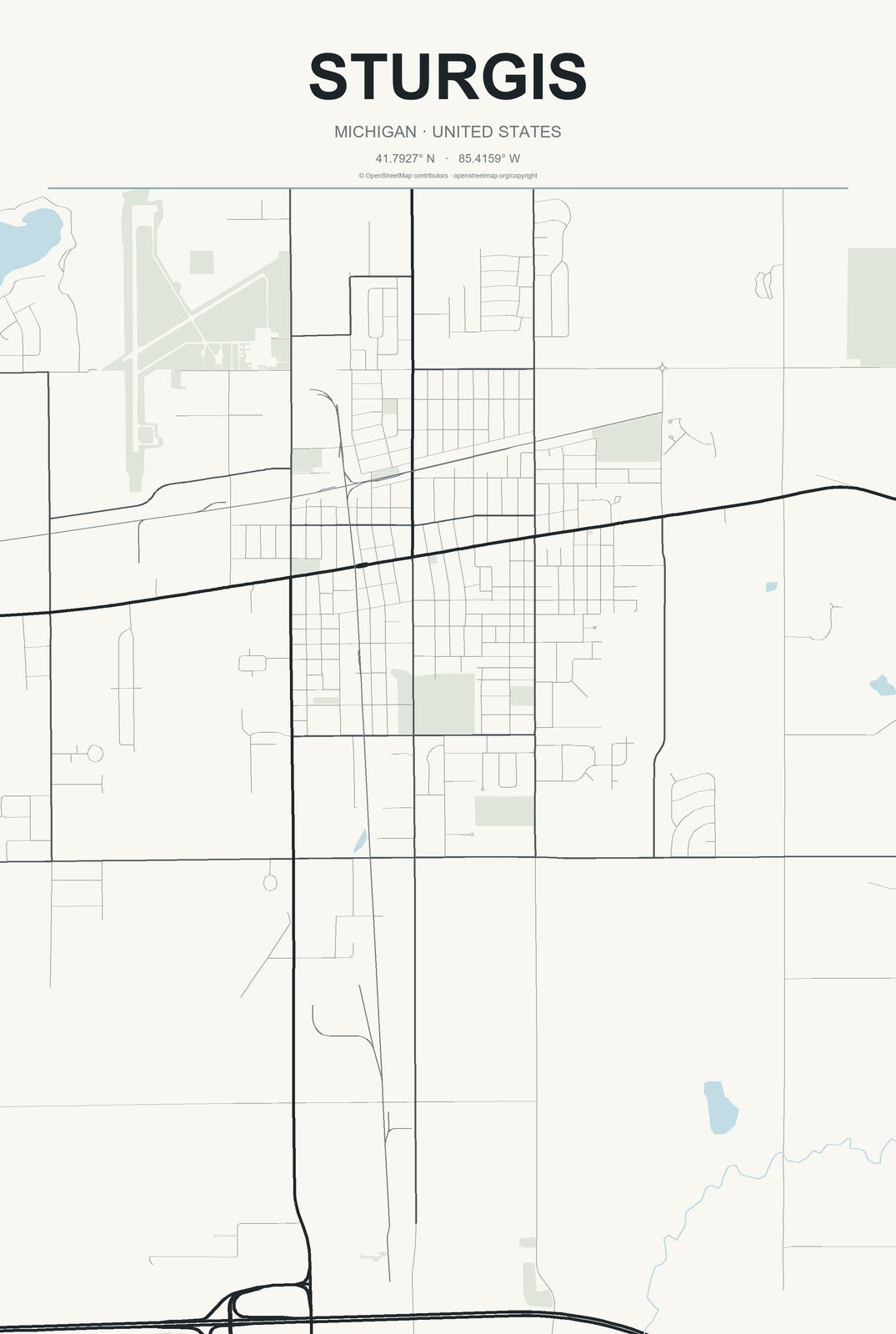 Sturgis, Michigan City Map Aluminum Sign in Headline Atlas style