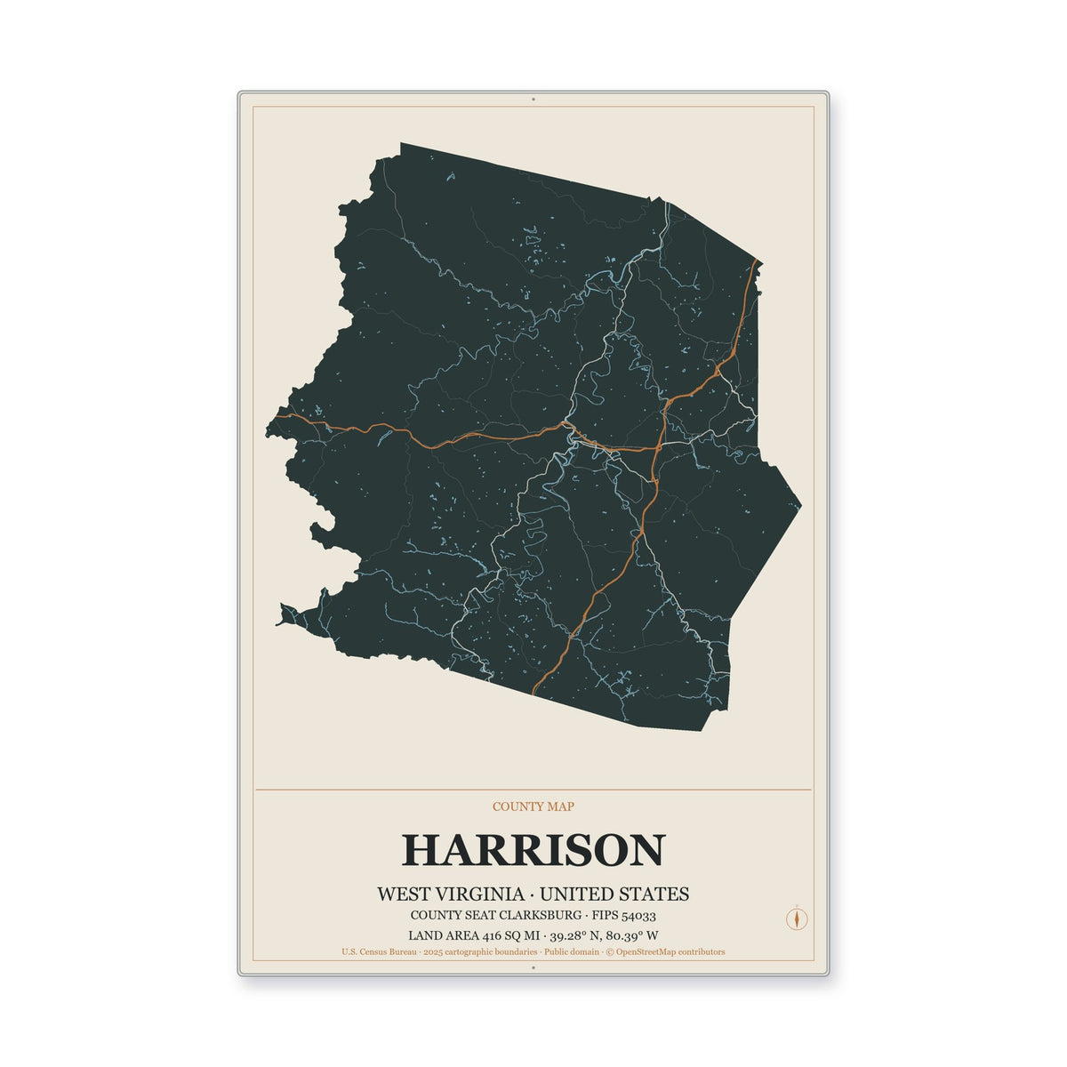 Harrison County, West Virginia Map Aluminum Sign in Headline Atlas style