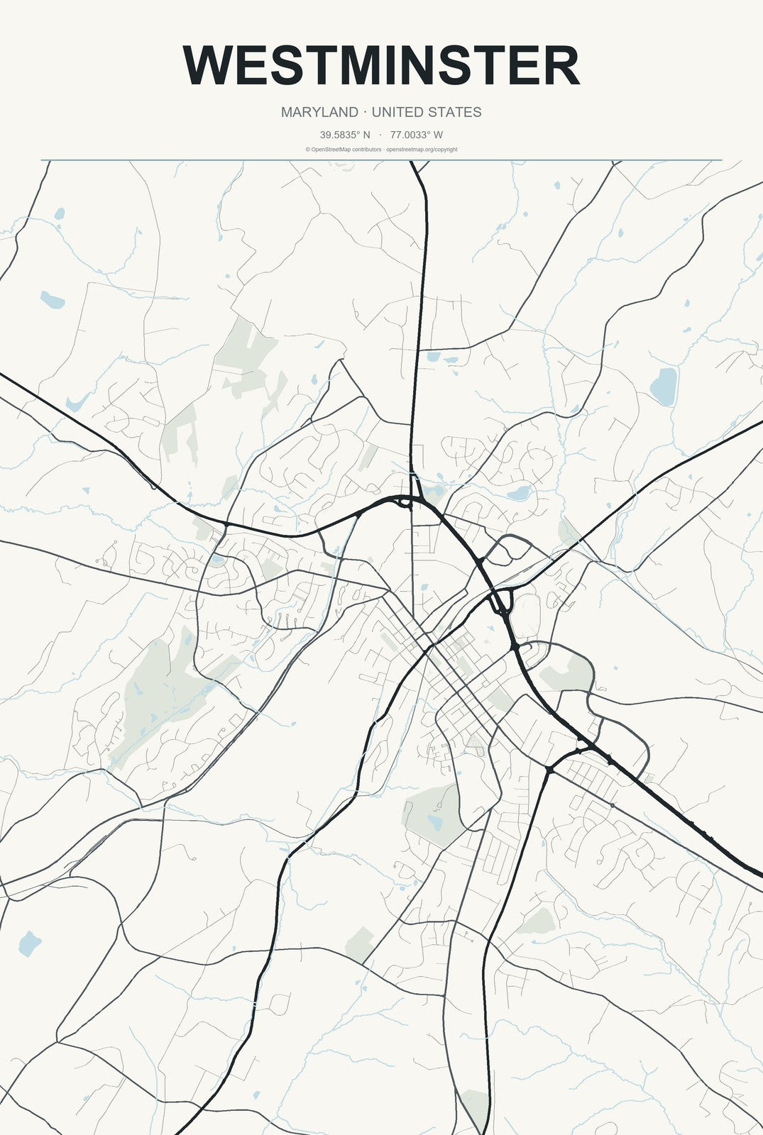 Westminster, Maryland City Map Aluminum Sign in Headline Atlas style