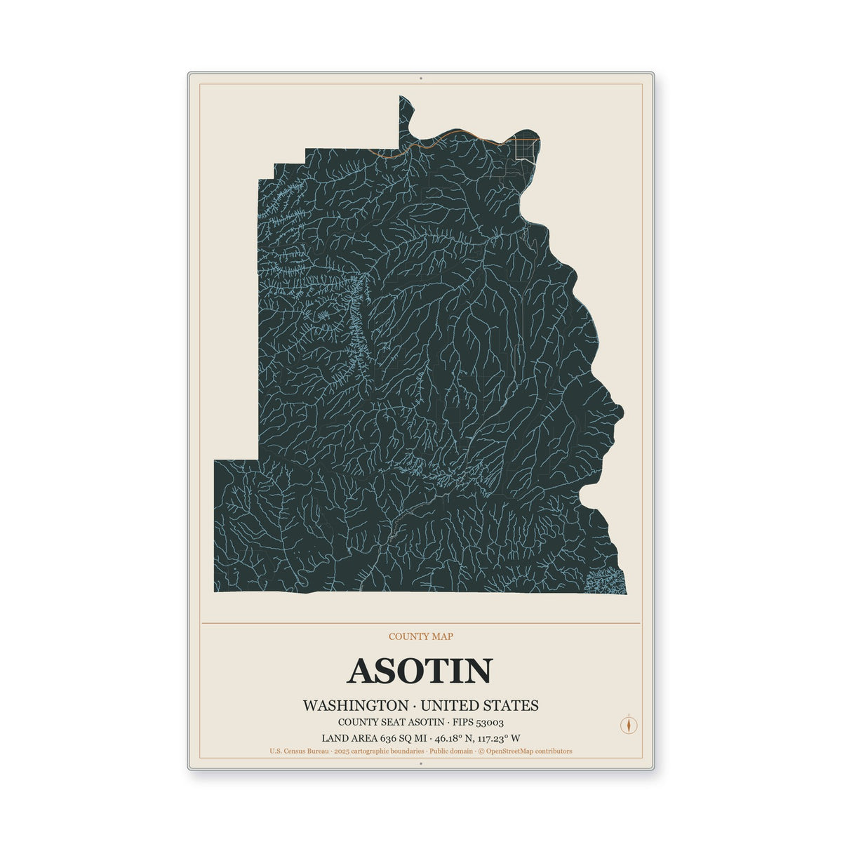 Asotin County, Washington Map Aluminum Sign in Headline Atlas style