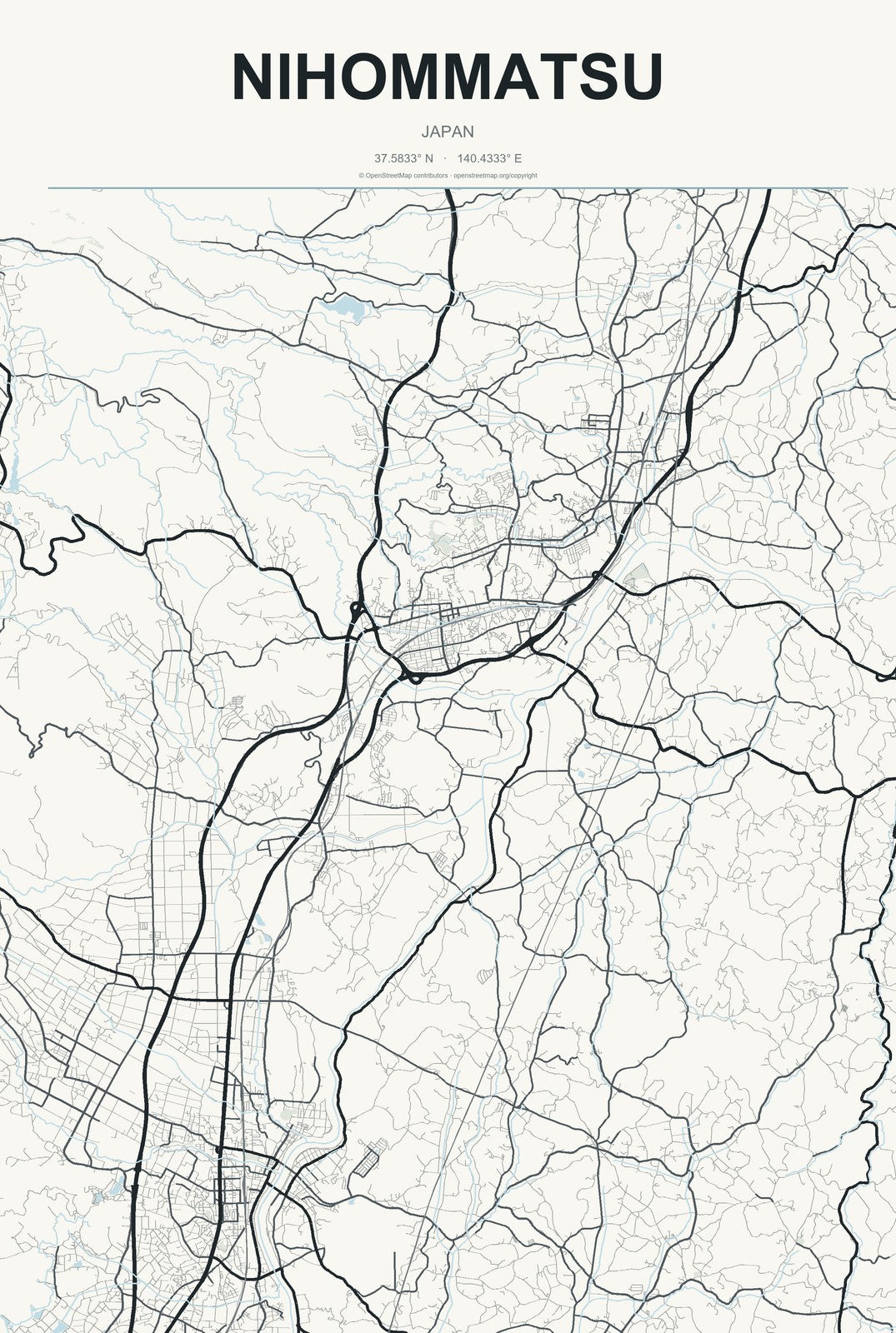 Nihommatsu, Japan City Map Aluminum Sign in Headline Atlas style