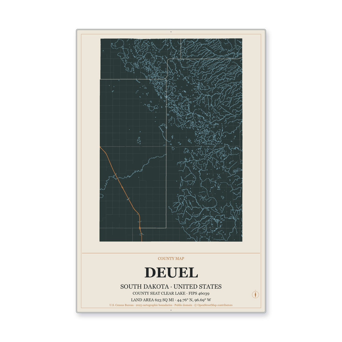 Deuel County, South Dakota Map Aluminum Sign in Headline Atlas style