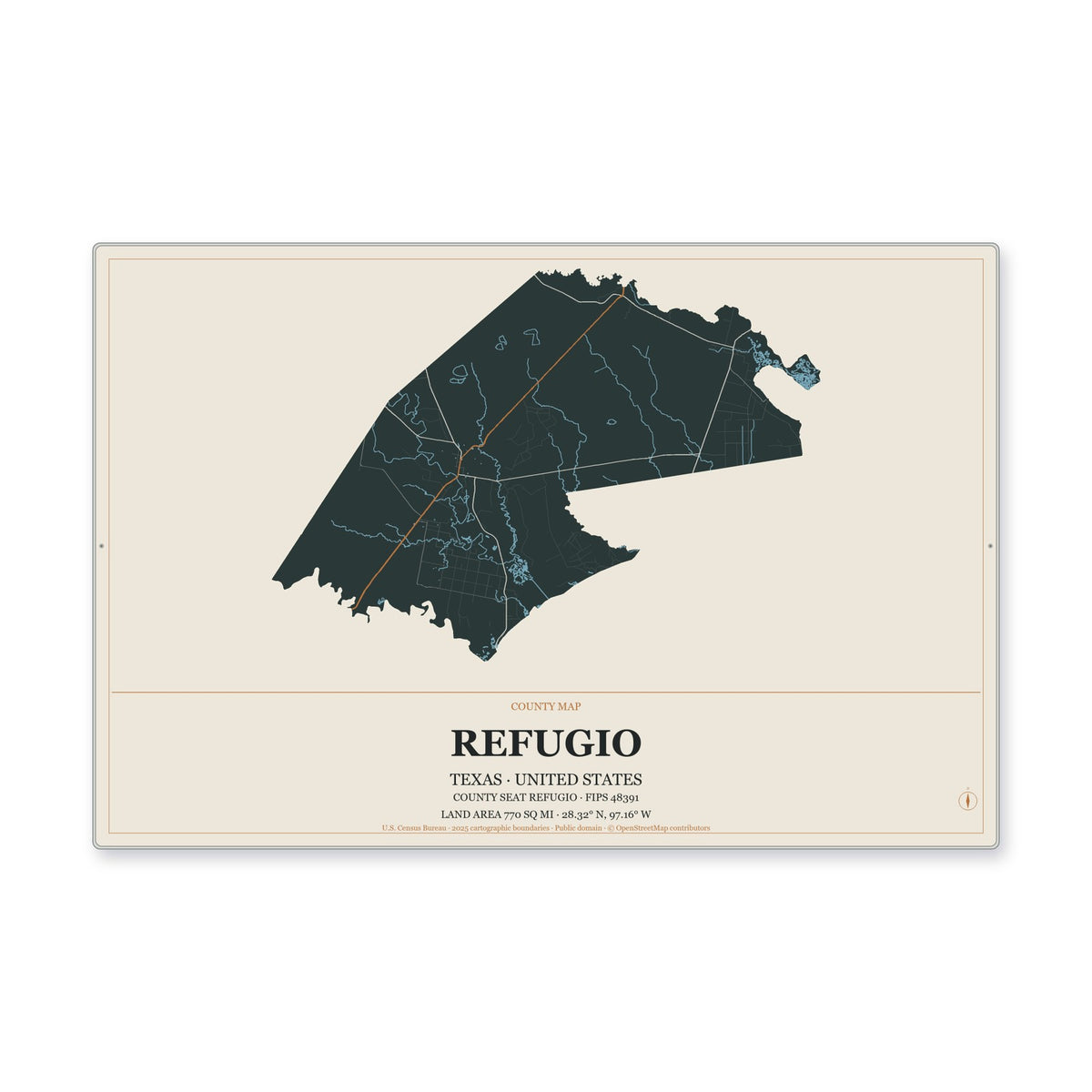 Refugio County, Texas Map Aluminum Sign in Headline Atlas style