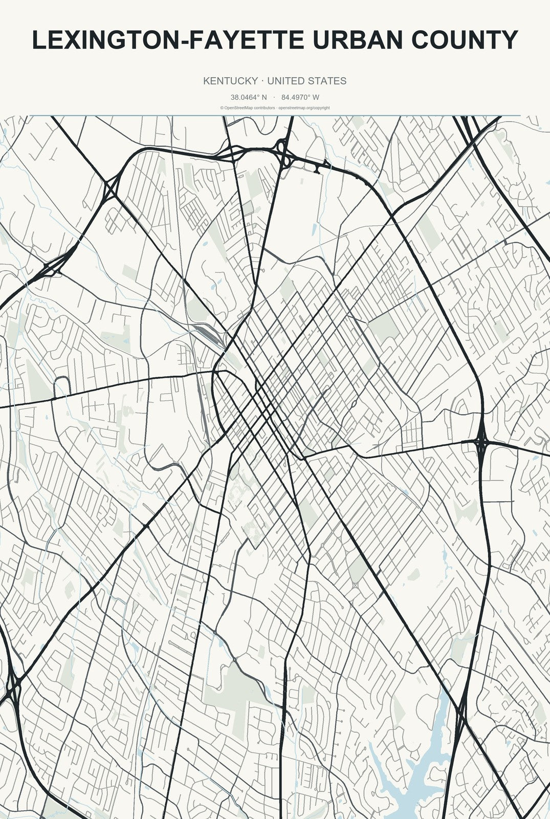 Lexington-Fayette urban county, Kentucky City Map Aluminum Sign in Headline Atlas style