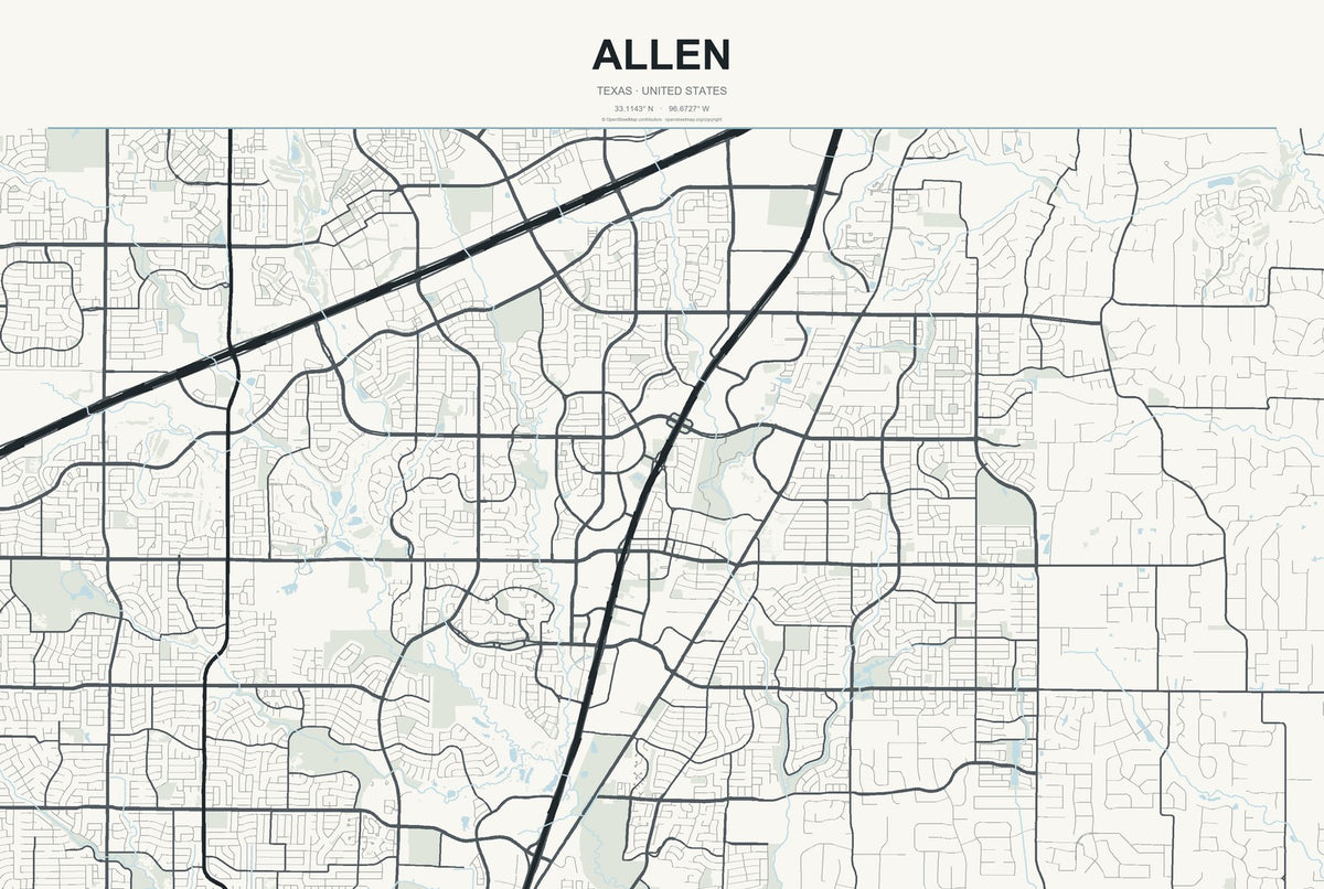 Allen, Texas City Map Aluminum Sign in Headline Atlas style