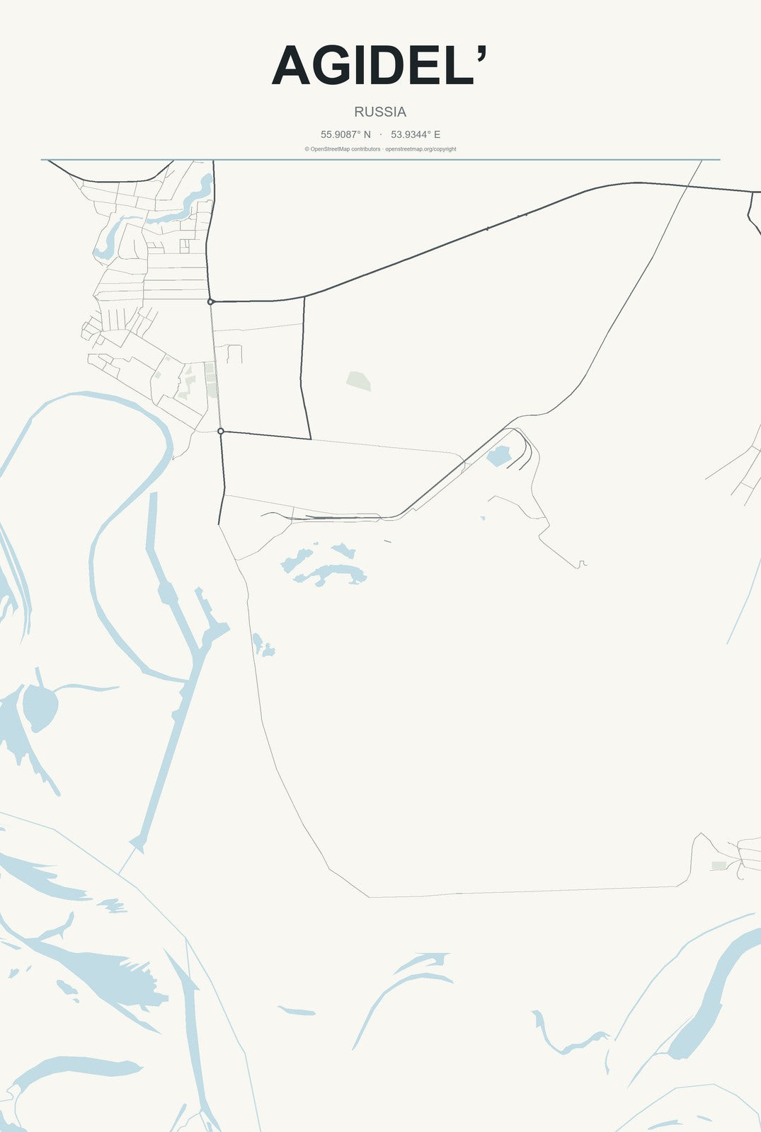 Agidel’, Russia City Map Aluminum Sign in Headline Atlas style