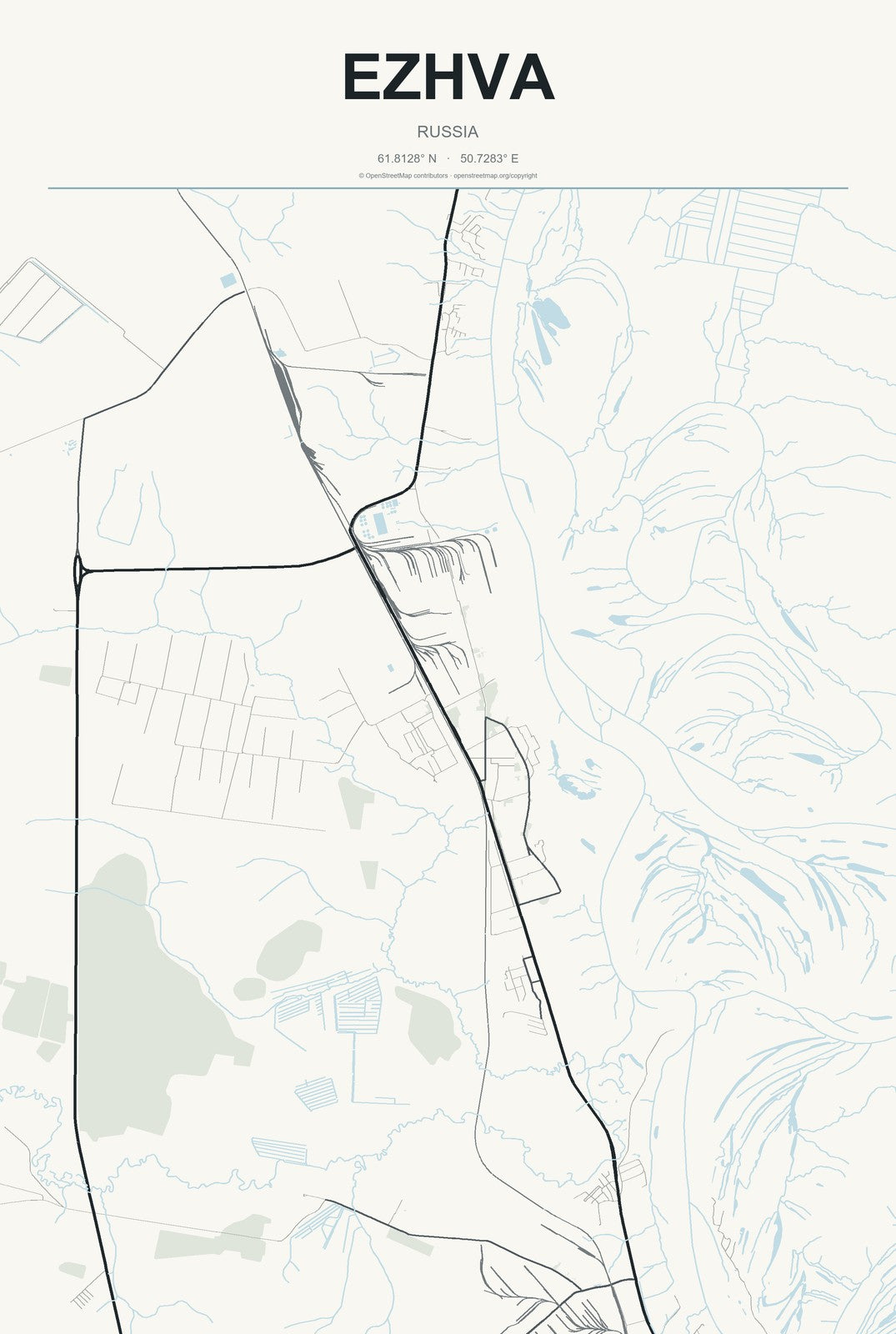 Ezhva, Russia City Map Aluminum Sign in Headline Atlas style