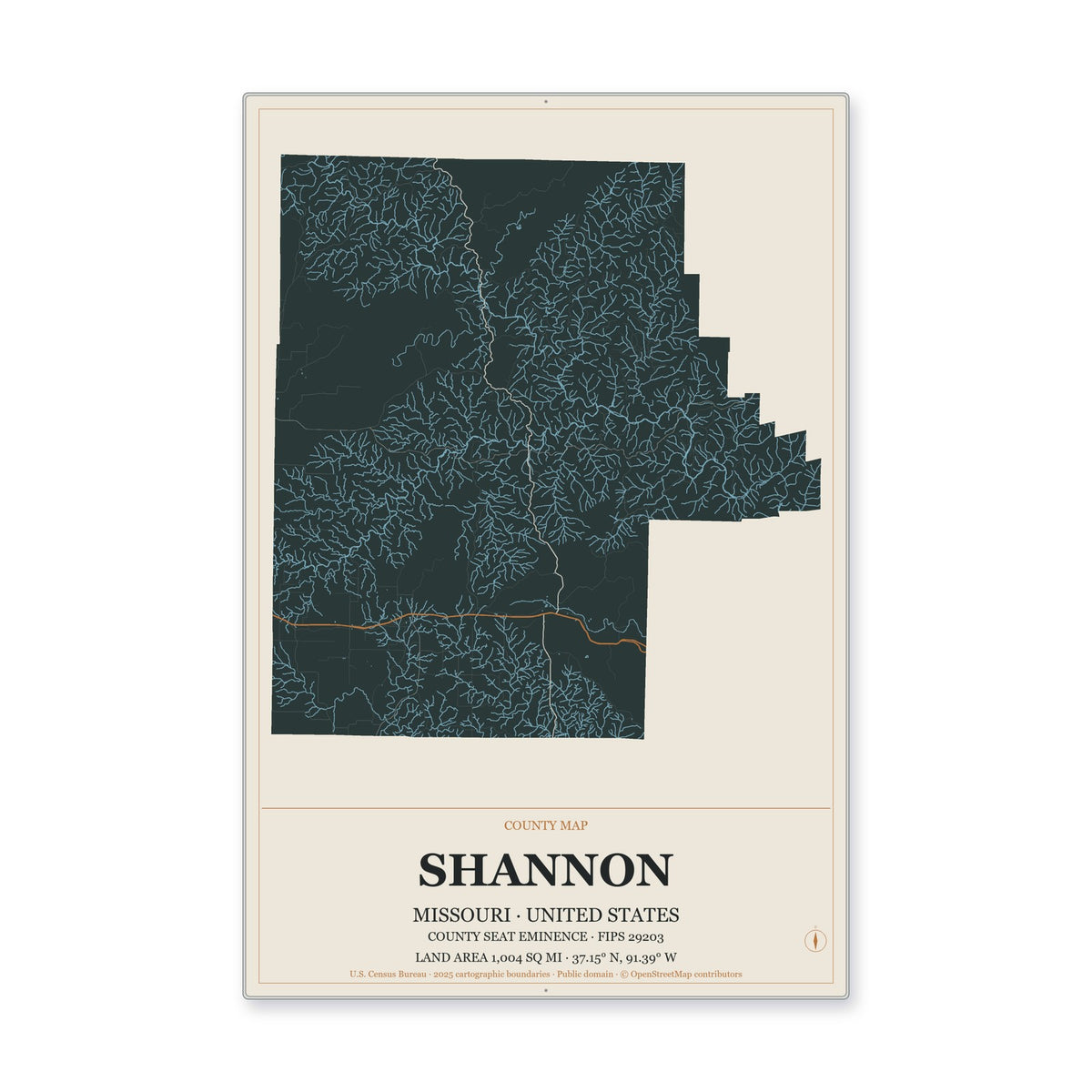 Shannon County, Missouri Map Aluminum Sign in Headline Atlas style