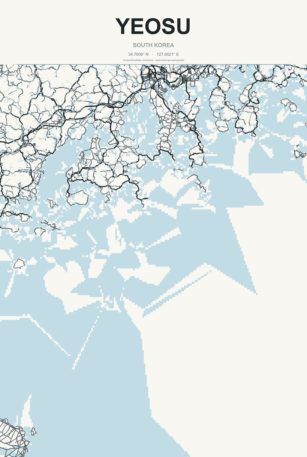 Yeosu, South Korea City Map Aluminum Sign in Headline Atlas style