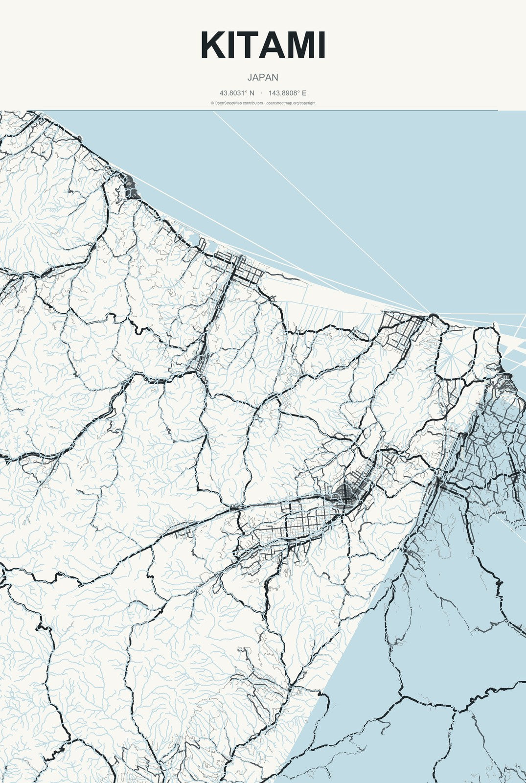 Kitami, Japan City Map Aluminum Sign in Headline Atlas style